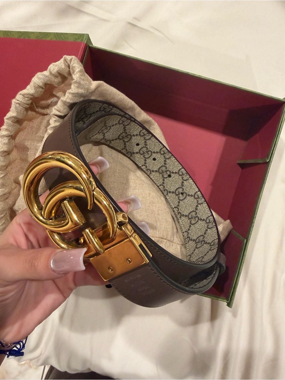 Gucci Brown Leather Belt with Gold Double G Buckle and GG Canvas Interior